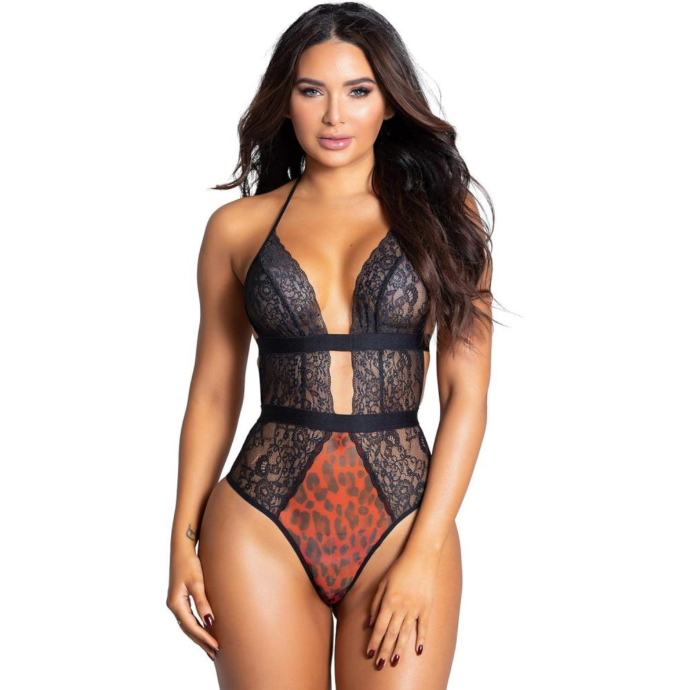 imageYandy Red Leopard Animal Print Plunging Neck Halter Straps Spandex Modern Cut Bodysuit Lingerie