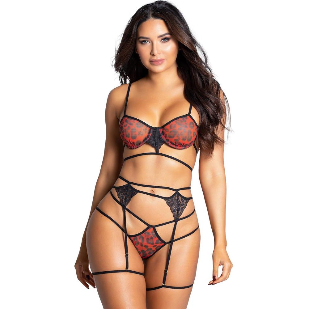 imageYandy Sexy Elegant Animal Print Bra Set with Sheer Underwire Cups ampamp Strappy Garter Belt and Double Strap Thong