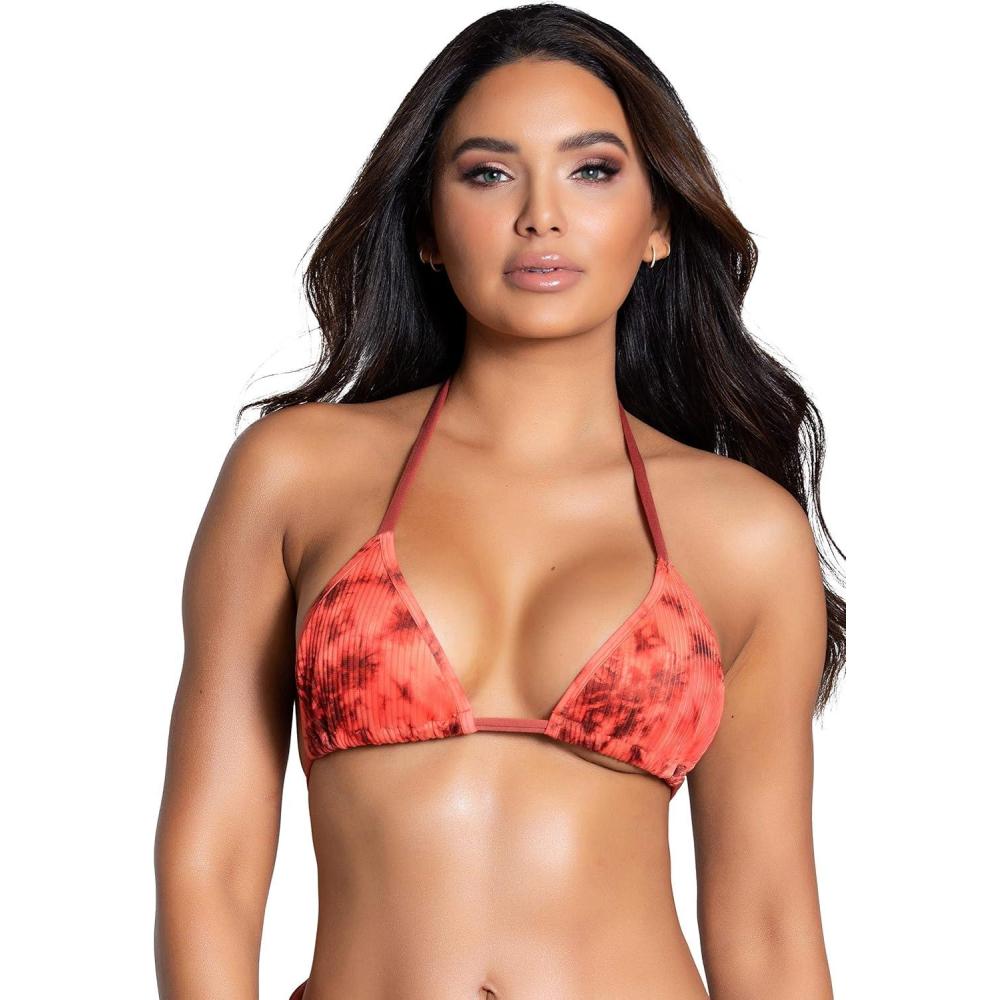 imageYandy Tie Dye String Bikini Top Adjustable Triangle Cups Halter Straps and Tie Back ClosureCoral