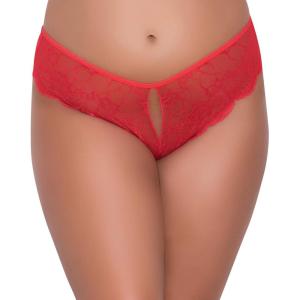 Yandy Sexy Plus Size High Waist Cheeky with Lac Front Keyhole Open Crotch Women Underwear(Red)