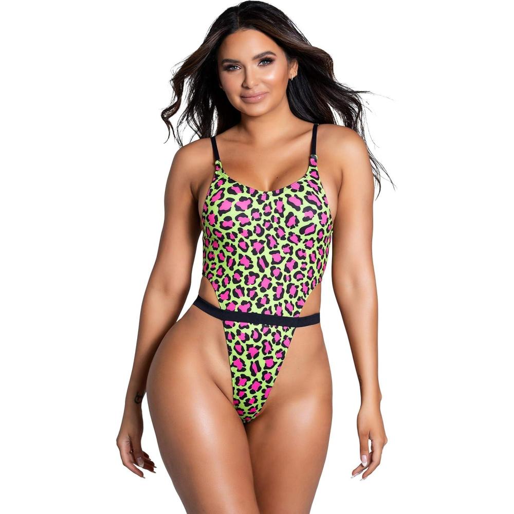 imageYandy Animal Print One Piece Swimsuit with Scoop Neck Adjustable Straps High Cut Sides and Thong