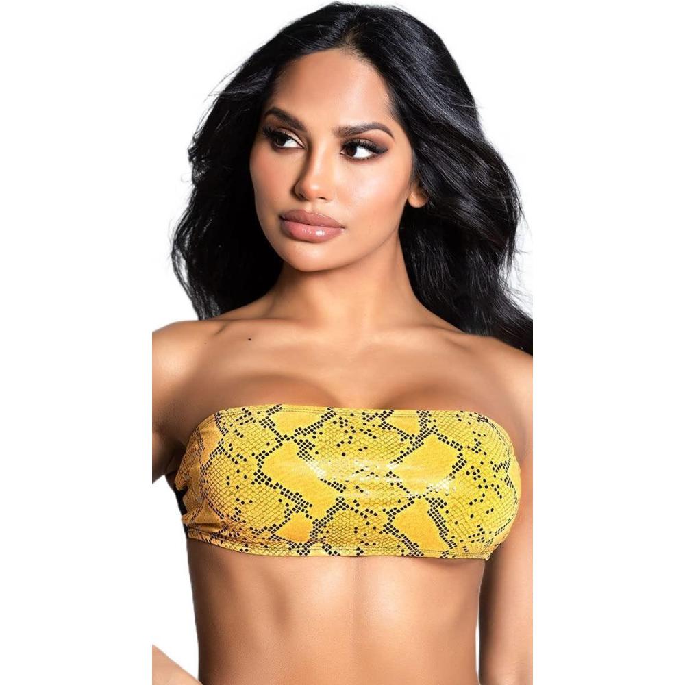 imageYandy Animal Print Swimsuit Bikini Top with Removable Halter Straps Bandeau Style and Tie ClosureCoral Neon Snake