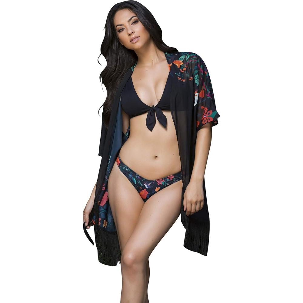 imageYandy Black Floral Print Swimsuit Cover Up Featuring Sheer 12 Length Sleeves and Modern Style