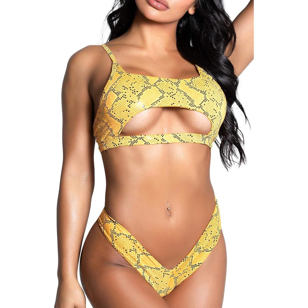 imageYandy Neon Animal Print Swimsuit Bikini Bottom with High Waist Modern V Cut and Thong BackCoral Neon Snake