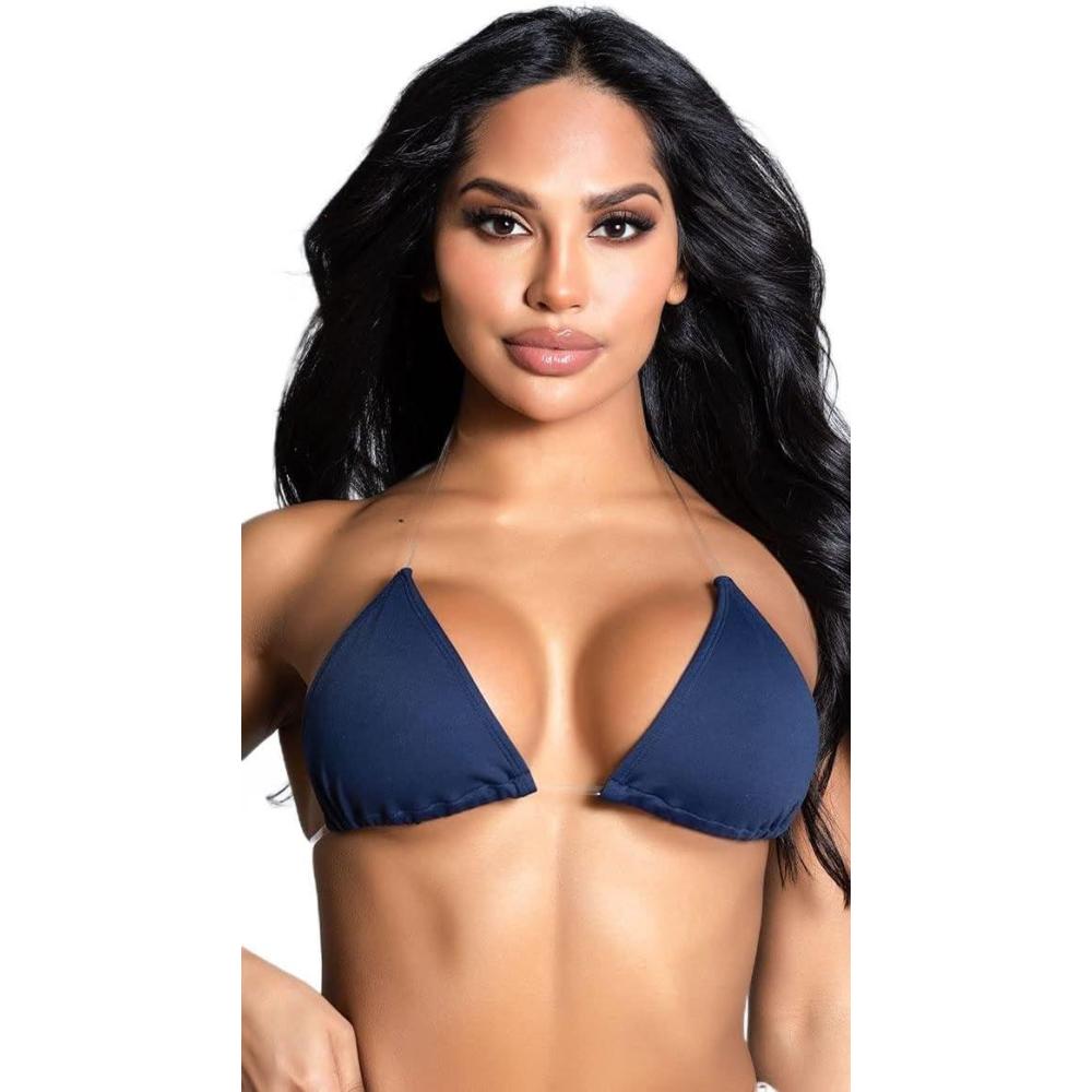imageYandy Women Swimsuit Triangle Bikini Top with Adjustable Cups Clear Straps ampamp Halter Tie ClosureNavy