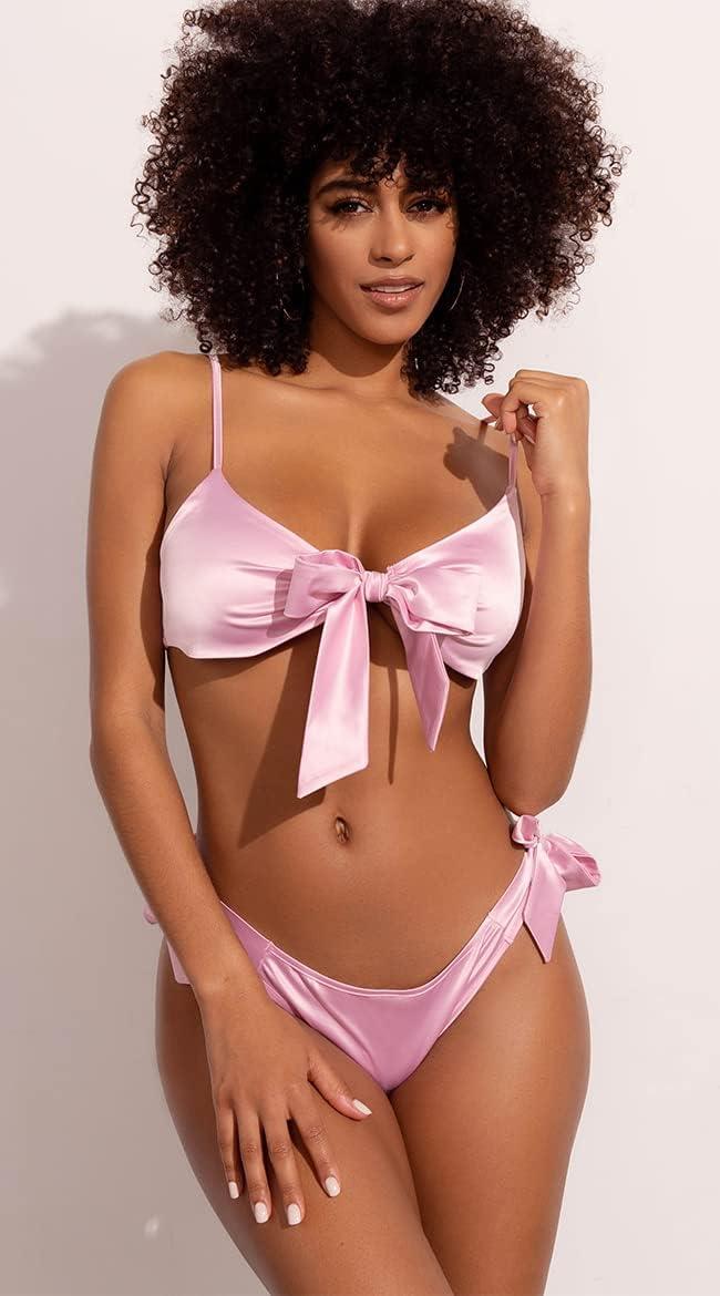 imageYandy Gift of Satin Bra Set with with A Tie Front Closure and Matching ThongPink