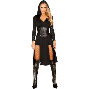 ROMA Queens Assassin Costume Female Black Hooded Dress Womens Halloween Costumes & Sexy Medieval Renaissance Fair Outfits(Black)