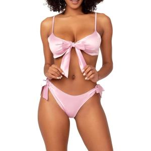 Yandy Gift of Satin Bra Set with with A Tie Front Closure and Matching Thong(Pink)