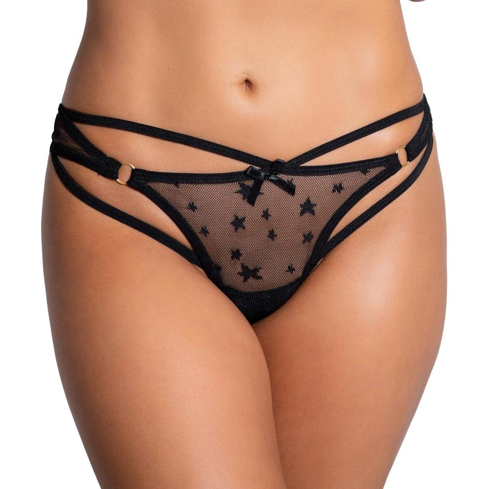 imageYandy Womens Mesh Black Stars Thong with Gold ORing Accents and a Strappy Front