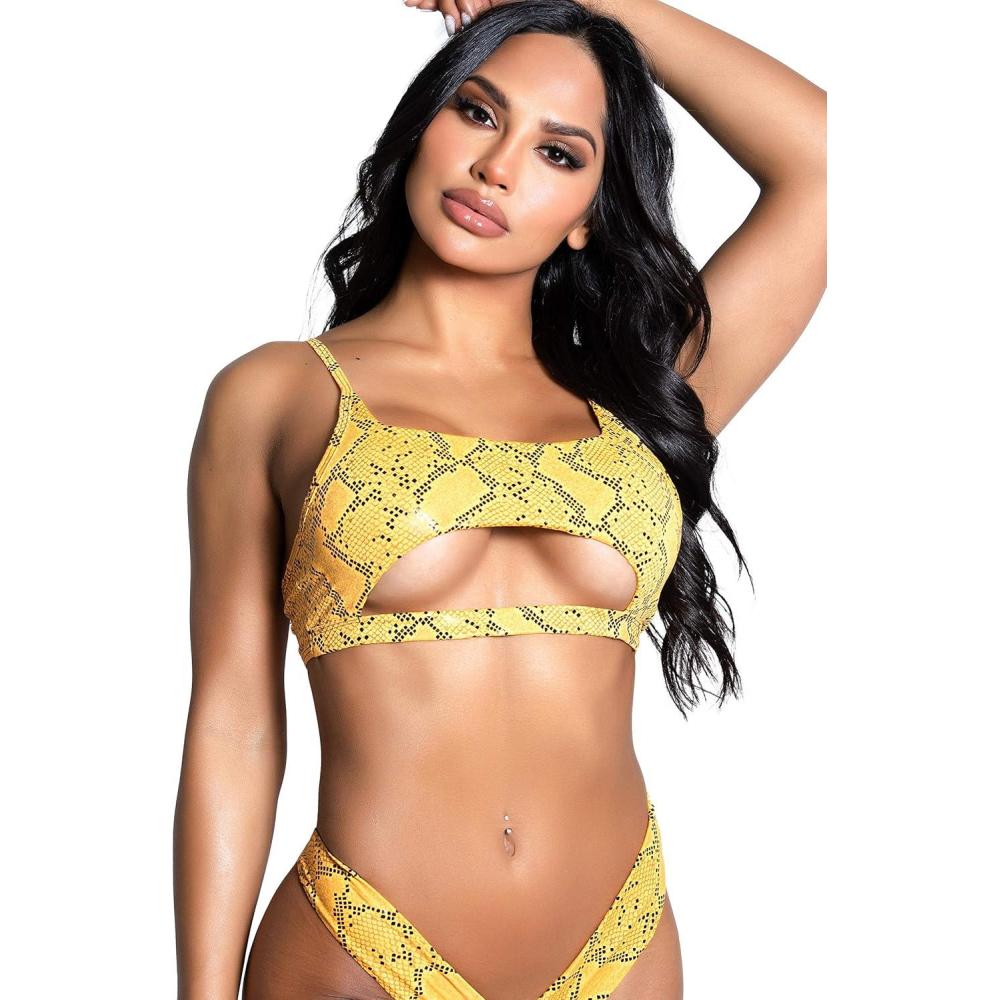 imageYandy Animal Print Swimsuit Bikini Top with Open Under Bust Panel Adjustable Straps amp Hook ClosureCoral Neon Snake