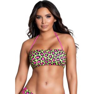 Yandy Animal Print Bandeau Removable Adjustable Halter Straps Lace Up Back Swimwear Top(Animal Print)